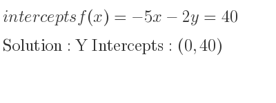 The intercepts of f(x)=-5x-2y=40 is Y Intercepts: (0,40)